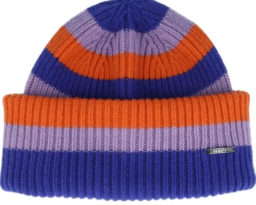 Cuff Beanies-Stetson Beanie Stripes Wool Freestyle Royal/Lilac/Orange Cuff -