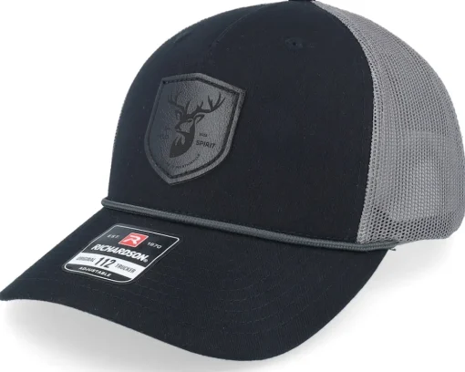 Trucker-Wild Spirit Black Deer Shield Patch Black/Charcoal Rope A-Frame Trucker -