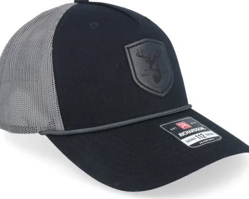 Trucker-Wild Spirit Black Deer Shield Patch Black/Charcoal Rope A-Frame Trucker -