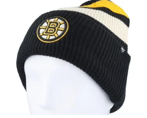 Cuff Beanies-47 Brand Boston Bruins Clubhouse Jennings 47 Beanie /White/Yellow Cuff - Black