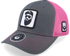 Trucker-Bearded Man Cap Man Woven Patch Charcoal/Neon Pink Trucker - Grey