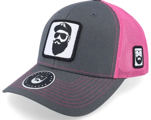 Trucker-Bearded Man Cap Man Woven Patch Charcoal/Neon Pink Trucker - Grey