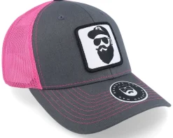Trucker-Bearded Man Cap Man Woven Patch Charcoal/Neon Pink Trucker - Grey