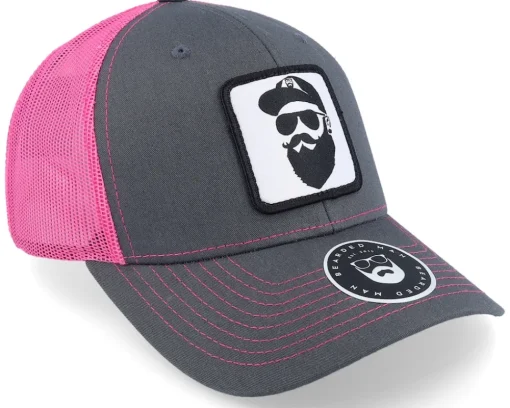 Trucker-Bearded Man Cap Man Woven Patch Charcoal/Neon Pink Trucker - Grey
