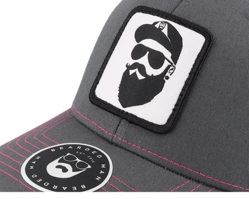 Trucker-Bearded Man Cap Man Woven Patch Charcoal/Neon Pink Trucker - Grey