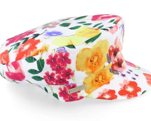 Vega-Seeberger Cotton Military Cap In Floral Design White Vega Cap -