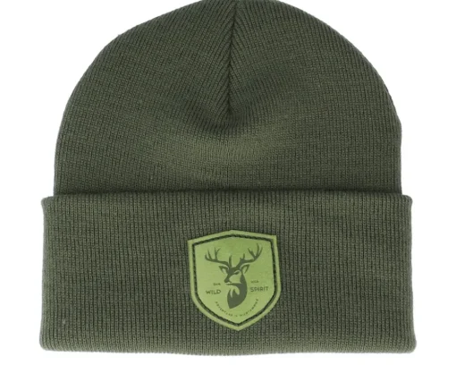 Cuff Beanies-Wild Spirit Deer Shield Patch Olive/Green Beanie -