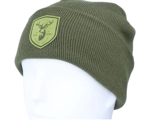 Cuff Beanies-Wild Spirit Deer Shield Patch Olive/Green Beanie -
