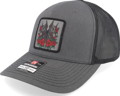 Trucker-Iconic Dobermann & Roses Grey A-framed Trucker -
