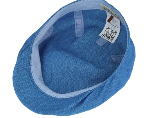 Flat Caps-Stetson Driver Cap Linen Herringbone Blue Flat Cap -