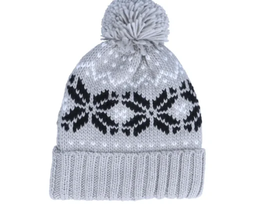 New Beechfield Fair Isle Snowstar® Beanie Light /Black/Off White Pom - Grey