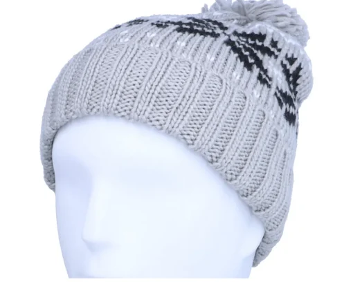 New Beechfield Fair Isle Snowstar® Beanie Light /Black/Off White Pom - Grey