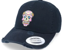 Fashion Calaveras Flowers Skull Patch Black Destroyed Dad Cap -