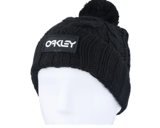Pom Beanies | Knitted Beanies-Oakley Harper Beanie Black/White Logo Pom -