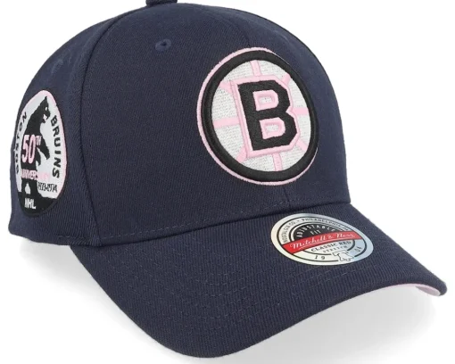 Adjustable-Mitchell & Ness Hatstore Exclusive x Boston Bruins 50th Anniversary Patch Navy/Pink Adjustable - Blue