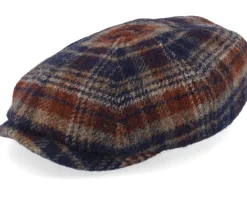Flat Caps-Stetson Hatteras Wool Check Navy/Beige/Burned Orange Flat Cap -
