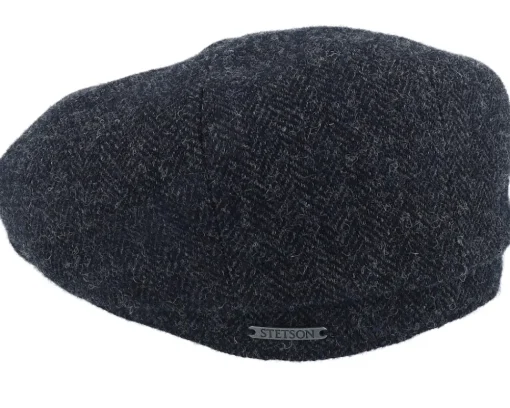 Flat Caps-Stetson Hatteras Wool Herringbone Heather Black Flexfit -