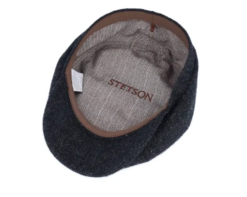 Flat Caps-Stetson Hatteras Wool Herringbone Heather Black Flexfit -