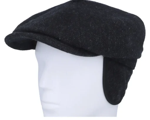 New Stetson Hatteras Wool Herringbone Black Earflap Flat Cap -