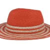 Hot Seeberger In Stripy Design Terracotta-Sand Fedora Straw Hat -