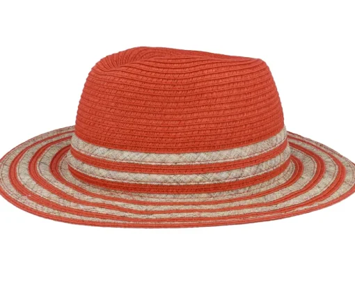 Hot Seeberger In Stripy Design Terracotta-Sand Fedora Straw Hat -
