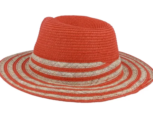 Hot Seeberger In Stripy Design Terracotta-Sand Fedora Straw Hat -