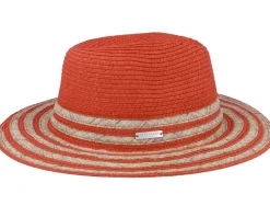 Hot Seeberger In Stripy Design Terracotta-Sand Fedora Straw Hat -