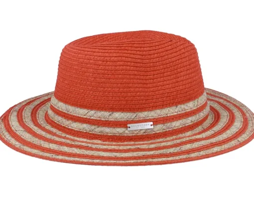 Hot Seeberger In Stripy Design Terracotta-Sand Fedora Straw Hat -