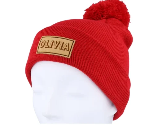 Pom Beanies-Beechfield Kids Engraved Suede Patch Classic Pom - Red