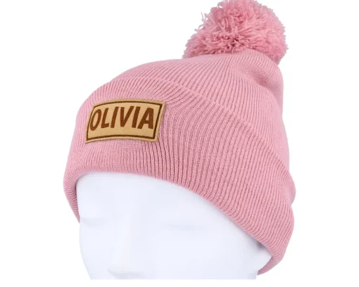 Pom Beanies | Kids-Beechfield Kids Engraved Suede Patch Dusky Pom - Pink