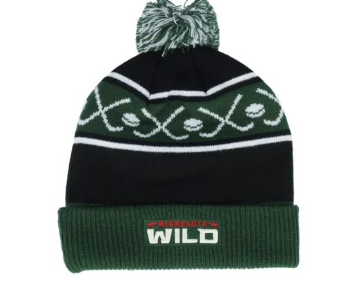 Pom Beanies-Outerstuff Kids Minnesota Wild Face-off Cuff Pom Beanie Fir/Black Pom - Green, Black