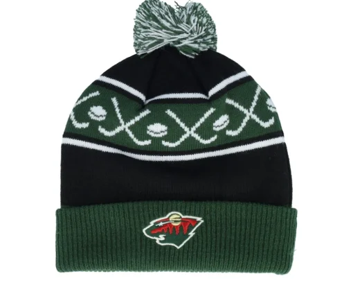 Pom Beanies-Outerstuff Kids Minnesota Wild Face-off Cuff Pom Beanie Fir/Black Pom - Green, Black