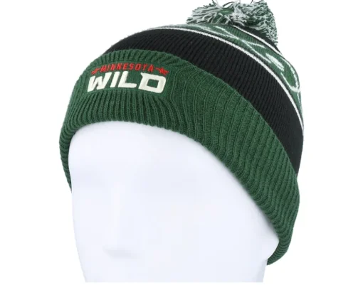 Pom Beanies-Outerstuff Kids Minnesota Wild Face-off Cuff Pom Beanie Fir/Black Pom - Green, Black