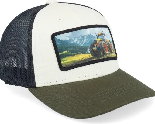 Kids-Kiddo Cap Kids Yellow Tractor Ivory/Black/Dark Mesh Trucker - White