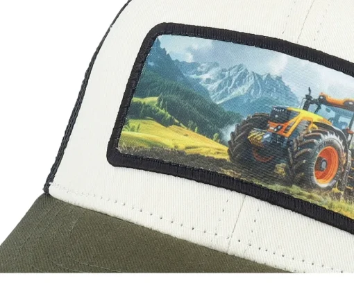 Kids-Kiddo Cap Kids Yellow Tractor Ivory/Black/Dark Mesh Trucker - White