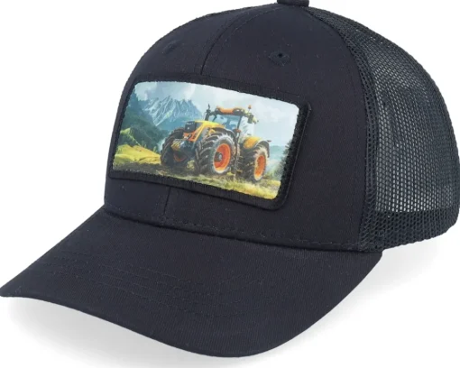 Kids-Kiddo Cap Kids Yellow Tractor Ivory/Black/Dark Mesh Trucker - White