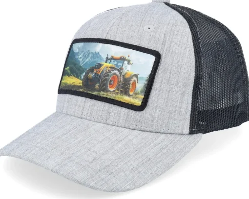Kids-Kiddo Cap Kids Yellow Tractor Ivory/Black/Dark Mesh Trucker - White