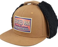 Best Bearded Man Logo Patch Red/Blue Canvas Caramel/Black Earflap - Brown