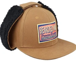 Best Bearded Man Logo Patch Red/Blue Canvas Caramel/Black Earflap - Brown