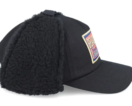 Dad Cap | Earflap-Bearded Man Logo Patch Red/Blue Golfer Cotton Earflap - Black