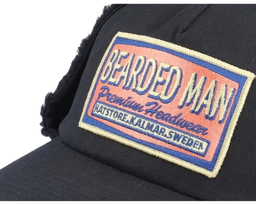 Dad Cap | Earflap-Bearded Man Logo Patch Red/Blue Golfer Cotton Earflap - Black