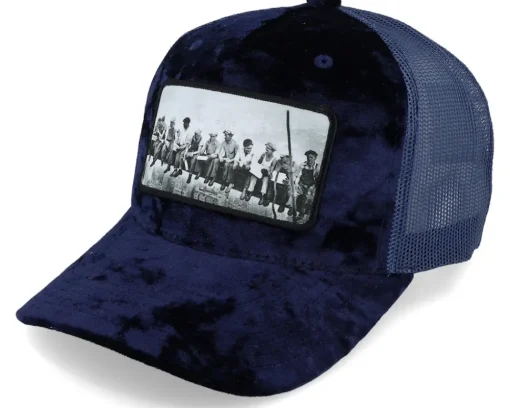 Trucker-Public Domain Lunch Atop A Skyscraper Navy/Navy Velvet Trucker - Blue