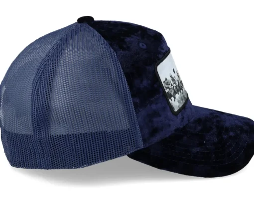 Trucker-Public Domain Lunch Atop A Skyscraper Navy/Navy Velvet Trucker - Blue