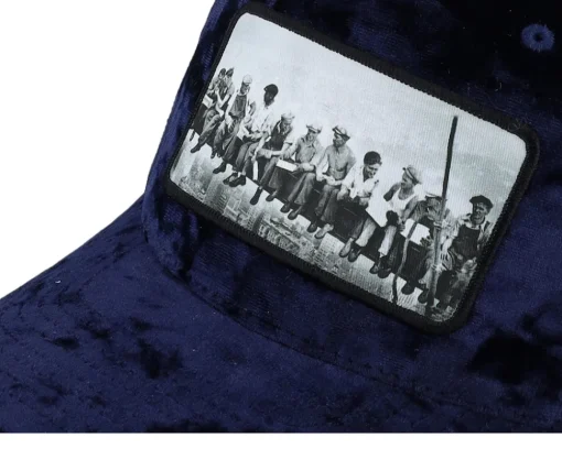 Trucker-Public Domain Lunch Atop A Skyscraper Navy/Navy Velvet Trucker - Blue