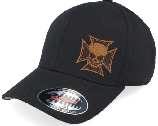 Flexfit-Born To Ride Maltese Cross Skull Brown Patch Black Flexfit -