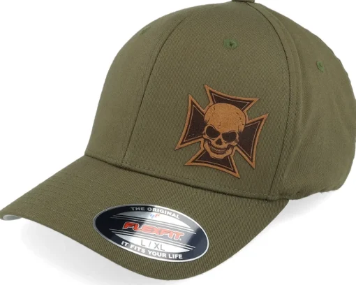 Flexfit-Born To Ride Maltese Cross Skull Brown Patch Olive Flexfit -