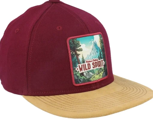 Snapback-Wild Spirit Mountain Forest Logo Box Suede Maroon Snapback -