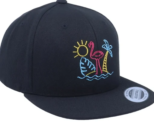 Kids-Iconic Neon Summer Beach Flamingo Black Snapback -