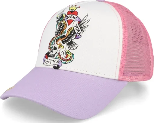 Trucker-Ed Hardy Nyc Twill Front Mesh /Pink/Purple Trucker - White