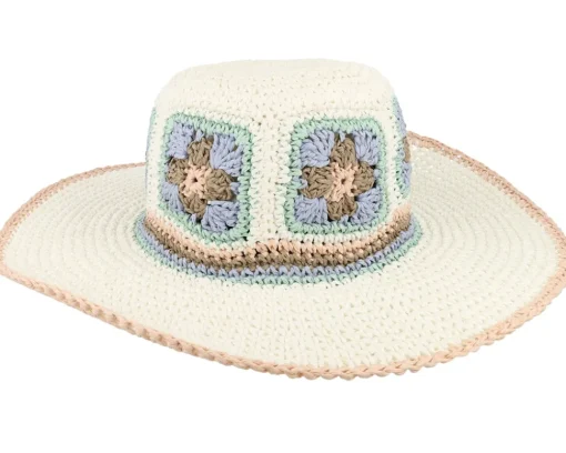 Straw Hat | Sun Hat-Seeberger Paper Crochet Floppy Flower White/Light Blue Sun Hat -